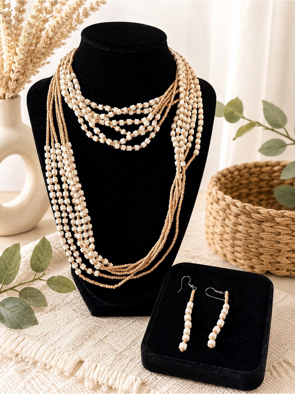 5/25 ✨✨ Beaded Multi-Strand Cream and Tan Necklace & Earring Set